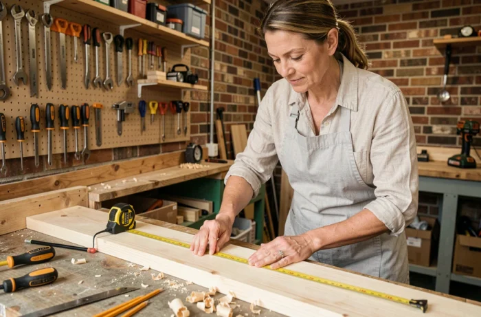 Femme bricolant dans un atelier à domicile, mesurant une planche en bois avec des outils de bricolage autour d'elle