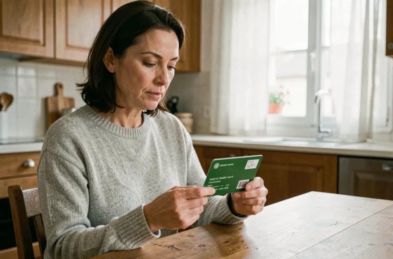 Femme tenant une carte verte d'assurance automobile dans ses mains à une table en bois, examinant le numéro de la carte