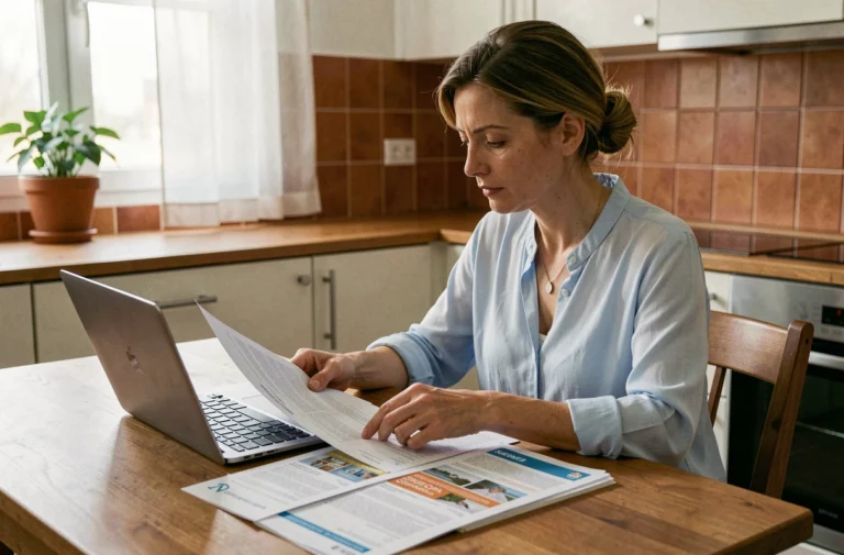 Femme comparant des offres d'assurance santé sur ordinateur portable avec des documents imprimés sur une table en bois