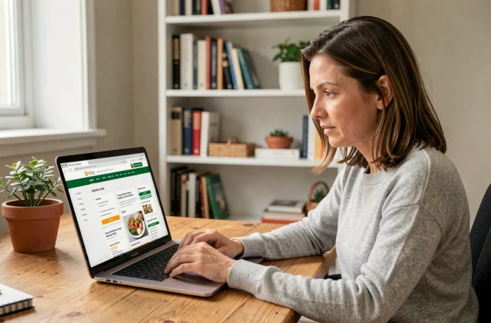Femme consultant un guide de régime sur son ordinateur portable dans un bureau à domicile confortable