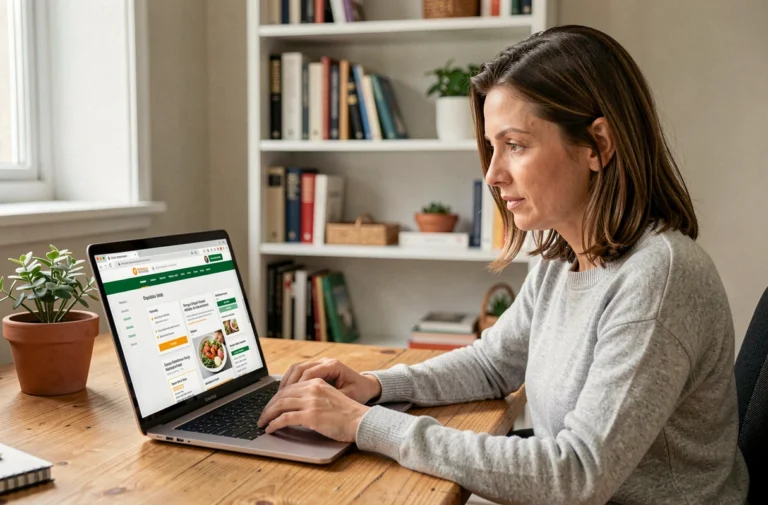 Femme consultant un guide de régime sur son ordinateur portable dans un bureau à domicile confortable