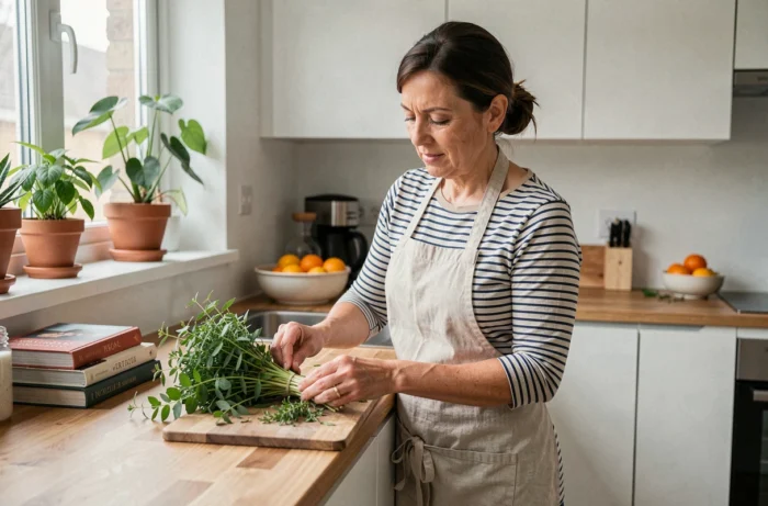 Femme arrangeant des herbes fraîches dans une cuisine moderne au décor naturel et chaleureux
