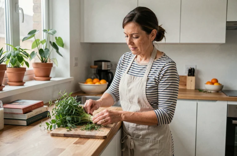 Femme arrangeant des herbes fraîches dans une cuisine moderne au décor naturel et chaleureux