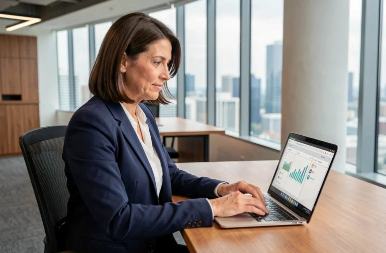 Femme dirigeante utilisant des services en ligne pour gérer son entreprise depuis son bureau moderne