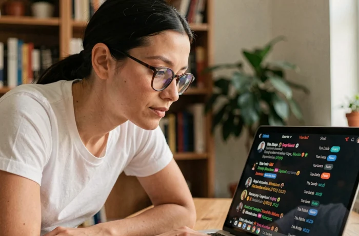 Femme regardant un écran d'ordinateur portable avec les messages de chat d'une plateforme de streaming incluant des abréviations comme HDTS
