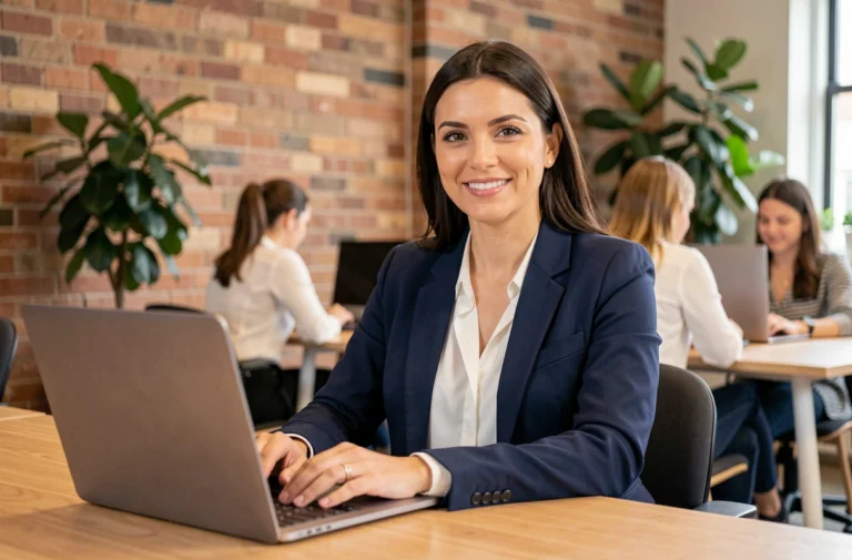 Femme confiante assise dans un espace de coworking moderne, symbolisant l'empowerment féminin et le leadership au travail