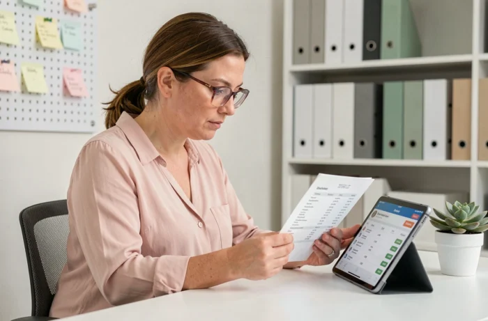 Femme enceinte comparant des articles de liste de naissance sur une tablette dans un bureau à domicile