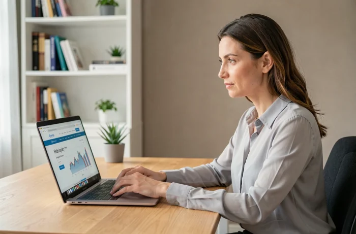 Femme connectée à son espace client BNP Paribas en ligne depuis un bureau à domicile