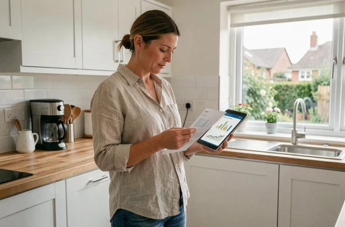 Femme consultant une facture d'énergie et une tablette affichant sa consommation électrique dans une cuisine moderne