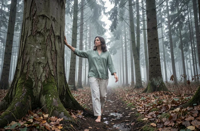 Jeune femme marchant pieds nus dans une forêt brumeuse pour se ressourcer et améliorer son bien-être naturel