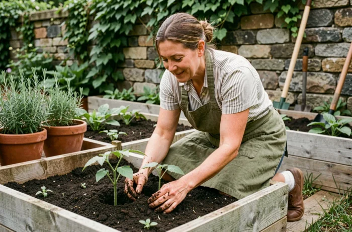 Femme jardinant dans un potager surélevé en bois, repiquant des plants de tomates dans une terre riche et sombre