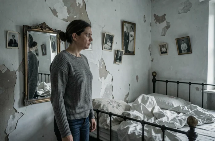 Femme anxieuse regardant un miroir ancien dans une chambre vieillissante avec une anomalie visuelle dans le reflet, illustrant les phénomènes paranormaux domestiques