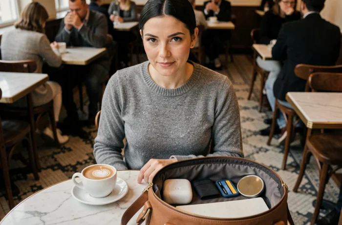 Femme organisée dans un café parisien avec accessoires pratiques sortant de son sac, lifestyle féminin