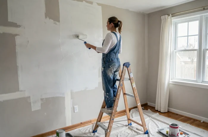 Femme peignant un mur en blanc dans un salon en cours de rénovation, debout sur un escabeau