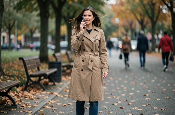 Femme enregistrant un message authentique sur son téléphone dans un parc urbain en automne