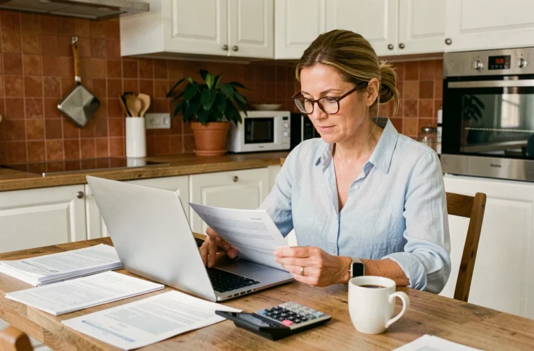 Femme examinant des documents de demande de crédit immobilier sur son ordinateur portable à la maison