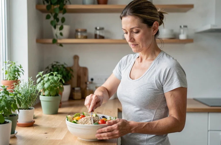 Femme en bonne santé préparant un bol nutritif de légumes frais et céréales dans une cuisine moderne, illustrant les conseils santé au quotidien