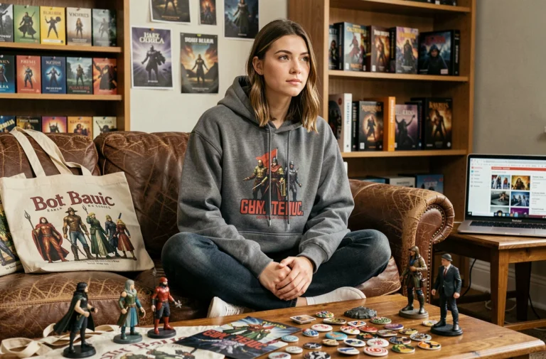Jeune femme entourée de produits dérivés de séries TV commandés en boutique en ligne, assise dans son salon