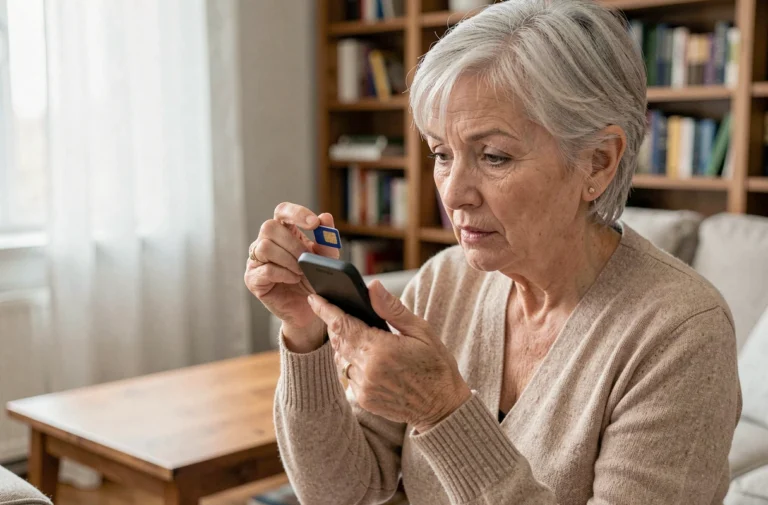 Femme senior tenant un téléphone Doro et une carte SIM, choisissant la meilleure option pour son mobile senior