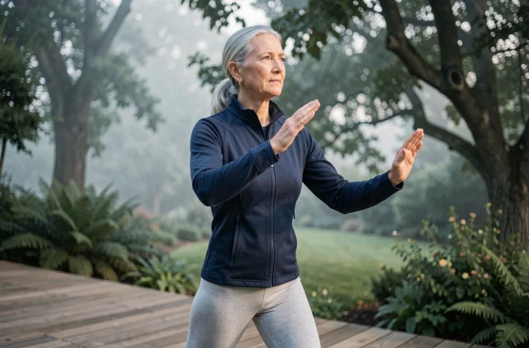 Femme de 60 ans pratiquant le tai chi sur une terrasse en bois entourée d'un jardin verdoyant, illustration du bien-être et de la vitalité après 60 ans