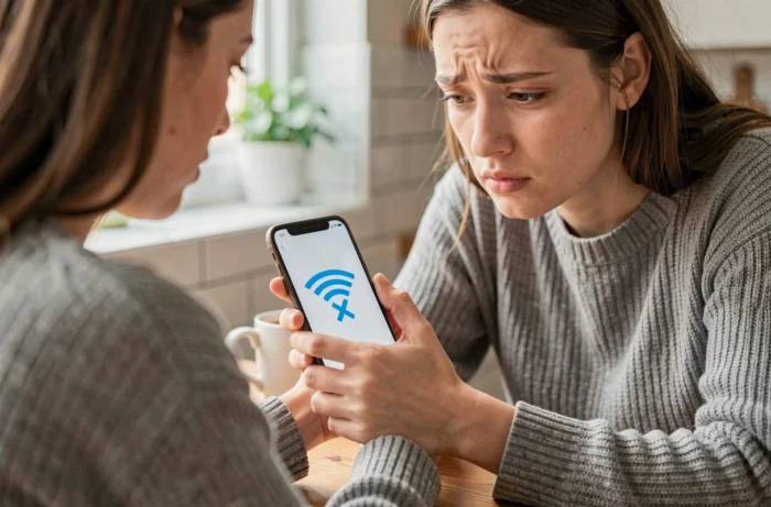 Femme tenant un smartphone Samsung affichant une erreur de connexion WiFi sans internet dans une cuisine moderne