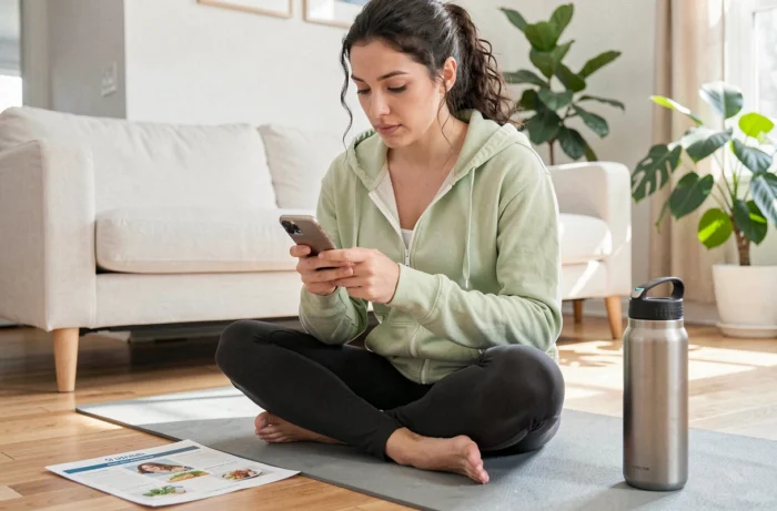 Jeune femme sportive consultant un site de régime sur smartphone assise sur un tapis de yoga