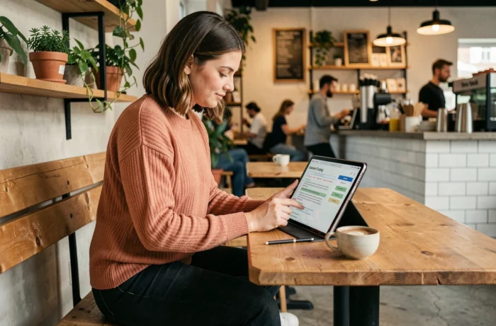 Jeune femme consultant une stratégie de contenu SEO sur une tablette dans un café
