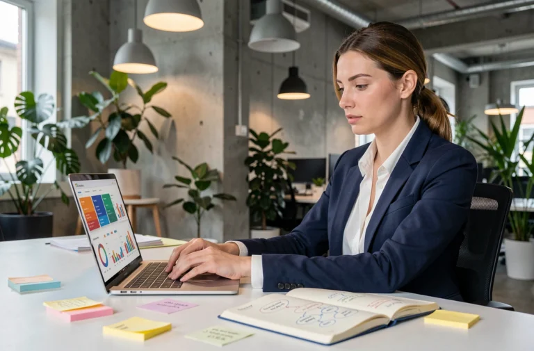 Femme professionnelle travaillant sur une stratégie digitale devant un ordinateur portable avec des tableaux de bord analytiques dans un bureau moderne