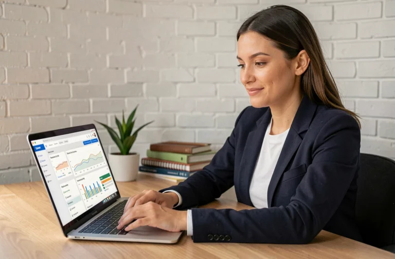 Femme travaillant sur une stratégie de référencement naturel devant un tableau de bord d'analyse web