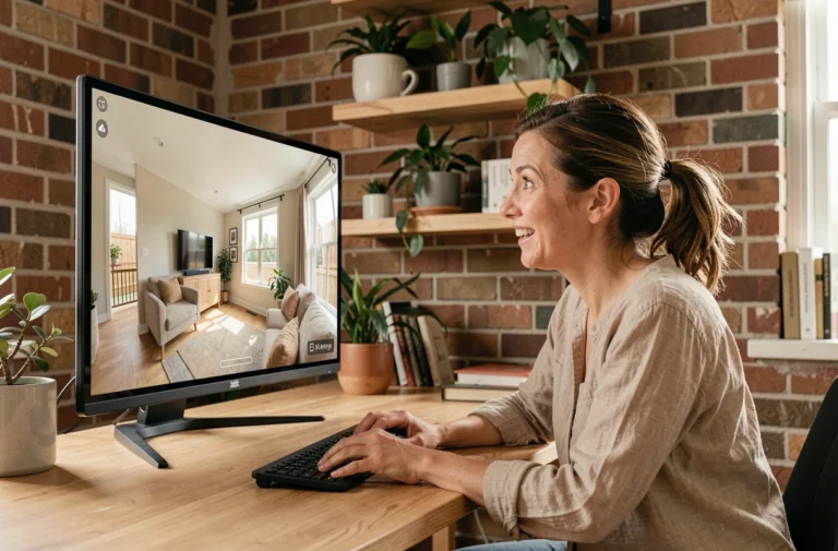 Femme explorant une visite virtuelle 360 degrés d'un bien immobilier sur un grand écran d'ordinateur depuis son bureau à domicile