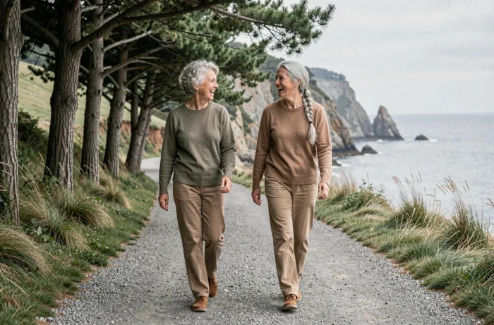 Deux femmes seniors marchant et riant ensemble sur un sentier côtier, illustrant l'importance des liens sociaux et de l'activité physique pour le bien-être après 60 ans