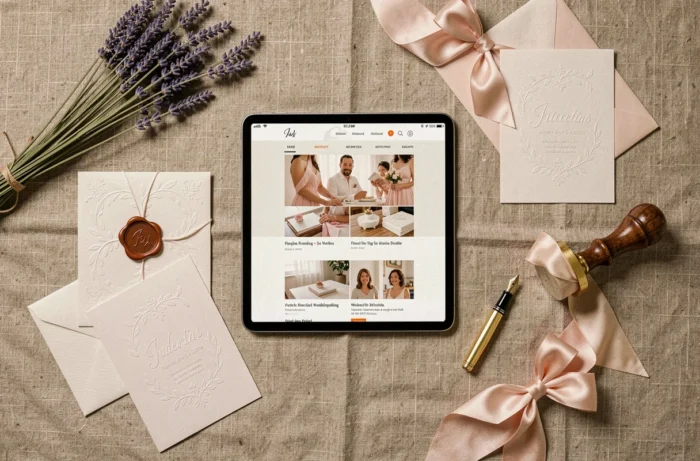 Flatlay élégant de papeterie de mariage avec tablette affichant un site de boutique en ligne spécialisée
