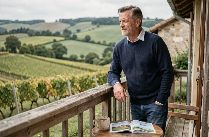 Homme se relaxant sur le balcon d'un gîte rural français avec vue sur les vignes et la campagne