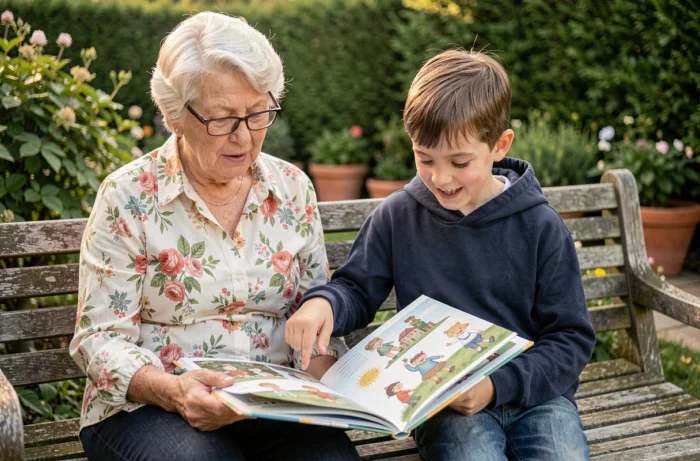 Grand-mère lisant un livre illustré avec son petit-fils dans un jardin verdoyant, favorisant l'éveil et la curiosité