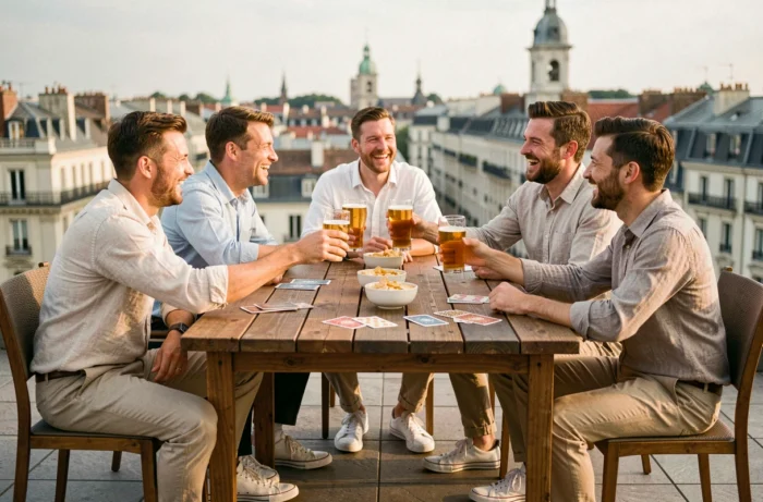Groupe d'amis qui fêtent un enterrement de vie de garçon sur un rooftop en ville avec des bières