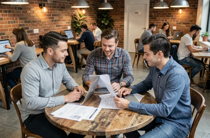Groupe de professionnels analysant des offres d'emploi pour classes dans un espace de coworking
