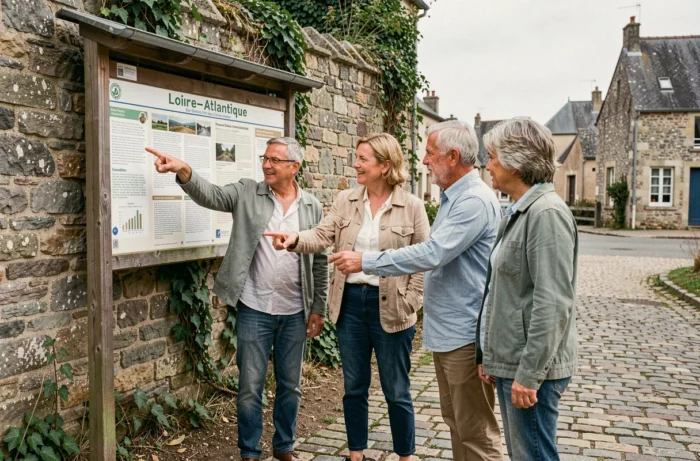 Habitants de la communauté de communes Cœur Pays de Retz consultant un panneau d'information communautaire dans un village du Pays de Retz
