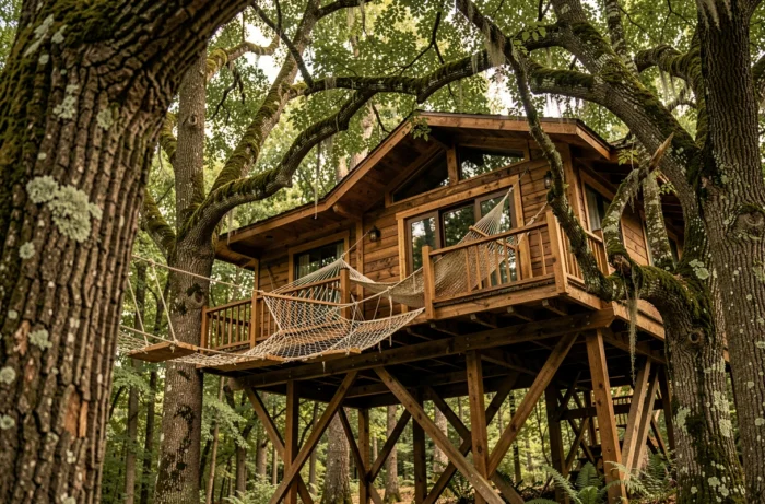 Cabane dans les arbres unique en forêt, hébergement insolite entouré de chênes centenaires avec balcon en bois et pont de corde