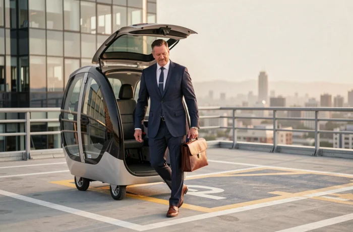 Homme d'affaires embarquant dans une navette volante urbaine sur un toit d'immeuble futuriste