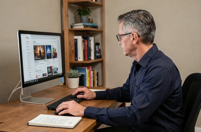 Homme analysant des avis sur une plateforme de streaming vidéo depuis son bureau à domicile