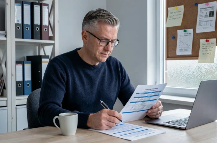 Homme d'une cinquantaine d'années analysant un tableau comparatif de garanties d'assurance santé dans un bureau à domicile