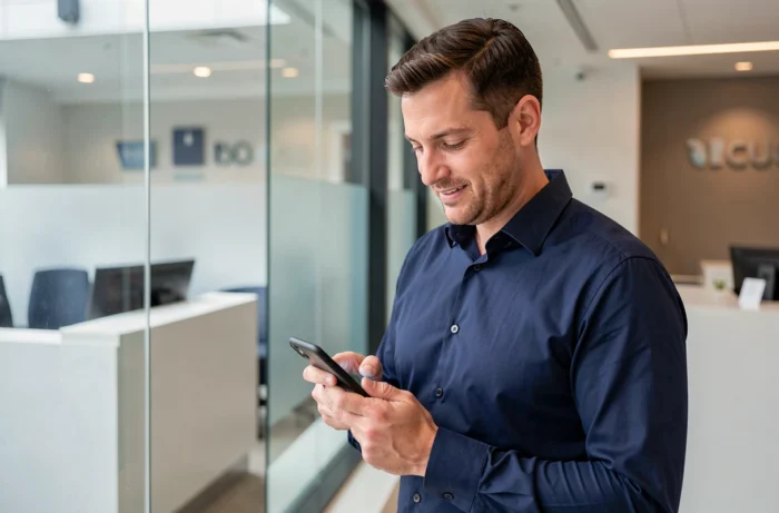 Homme consultant son compte BNP Paribas sur application mobile dans une agence bancaire