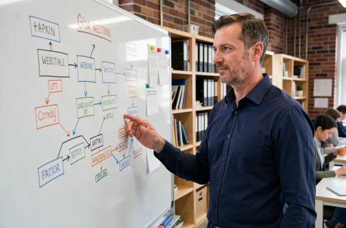 Un homme explique une architecture de navigation web sur un tableau blanc dans un espace de coworking