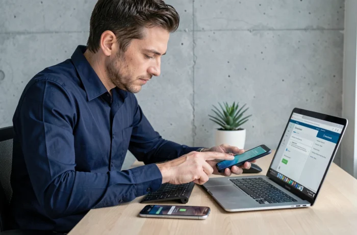 Homme en télétravail résolvant un problème de connexion sans internet sur un smartphone Samsung Android à côté d'un ordinateur portable