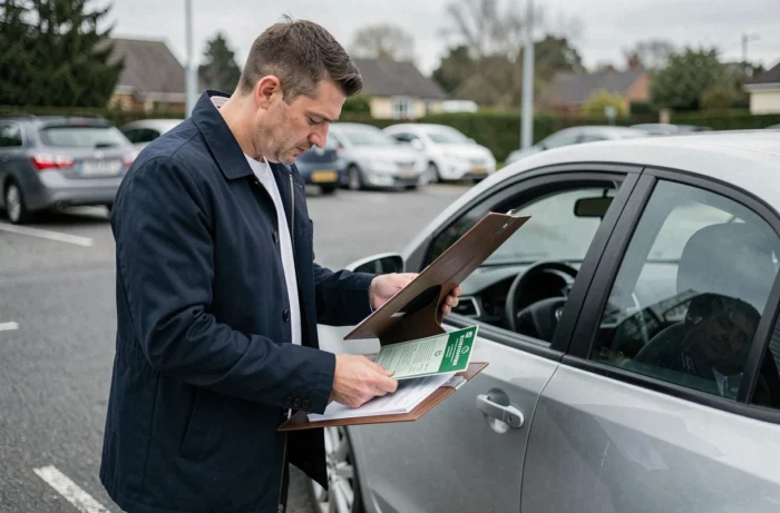 Homme consultant sa carte verte d'assurance auto près de son véhicule dans un parking, recherchant le numéro d'assurance
