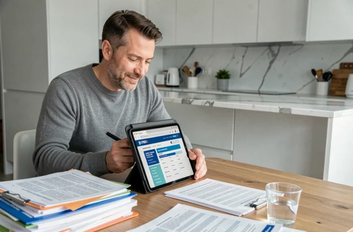 Homme en pull gris consultant le site impots.gouv sur une tablette à la table de cuisine avec des documents administratifs