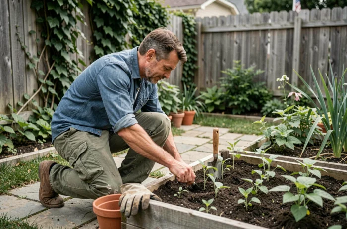 Homme jardinant dans un potager surélevé avec des plantes et outils de jardinage dans un jardin de maison