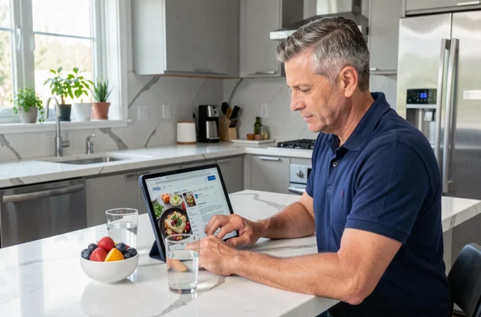Homme naviguant sur un site de régime avec une tablette dans une cuisine moderne et lumineuse