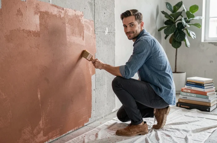 Homme appliquant de la peinture à la chaux terracotta sur un mur dans un appartement urbain en cours de rénovation