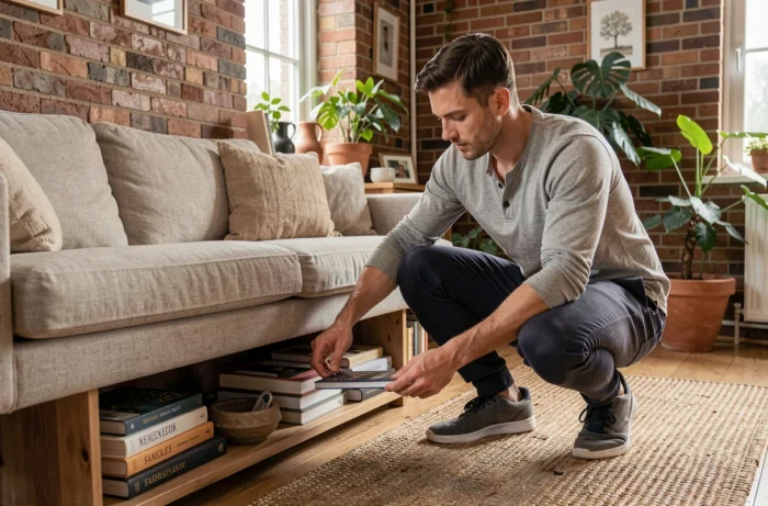 Homme réorganisant une bibliothèque dans un salon cosy avec décoration naturelle et plantes d'intérieur
